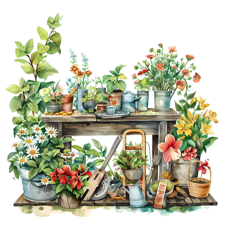 Flower Pots on a Wooden Shelf