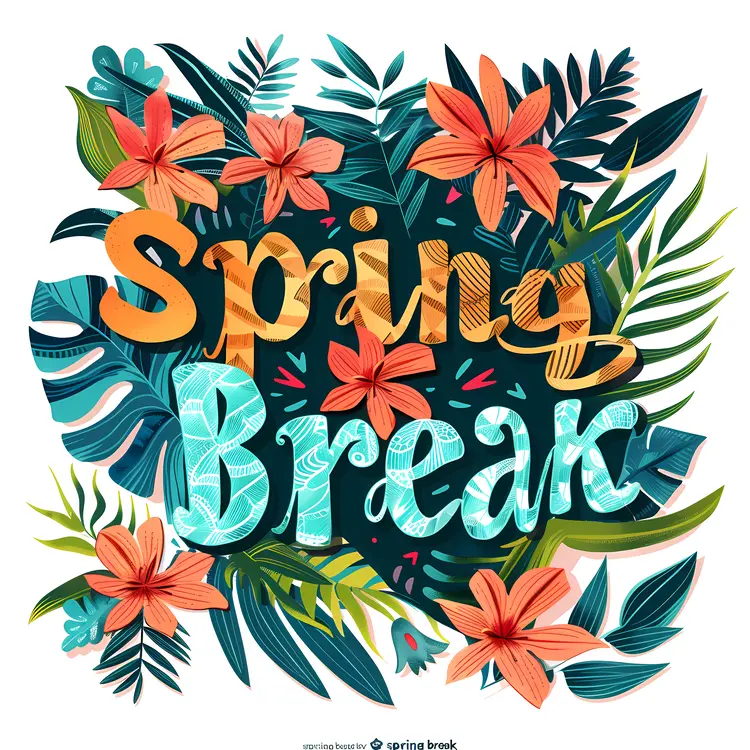 Spring Break Text with Leaves and Flowers