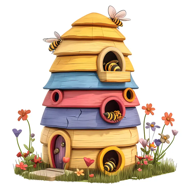 Cute Colorful Beehive with Bees and Flowers