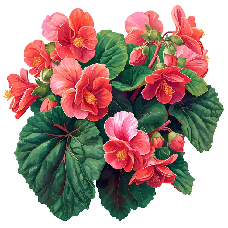 Vibrant Red Begonia Flowers with Lush Green Leaves