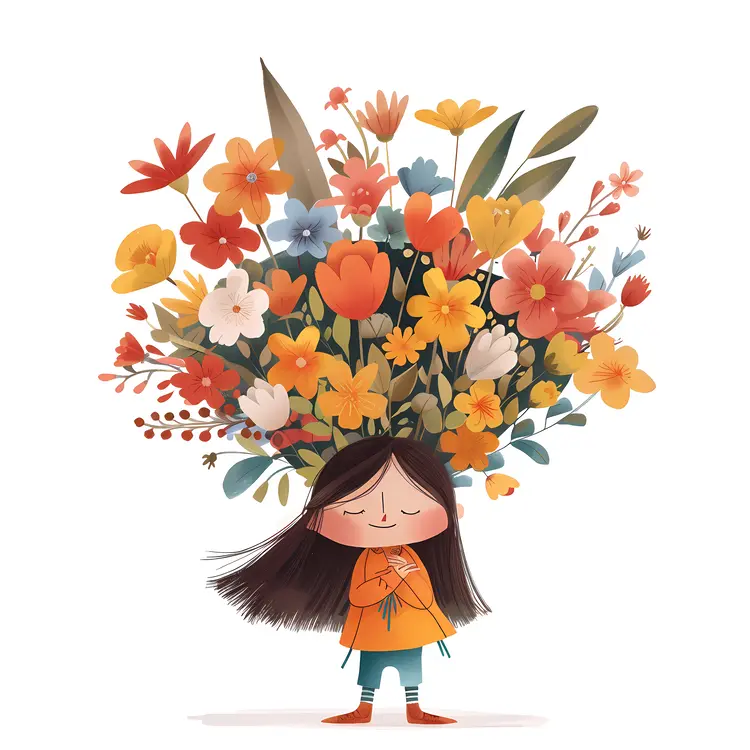 Cute Girl with Colorful Flowers Illustration
