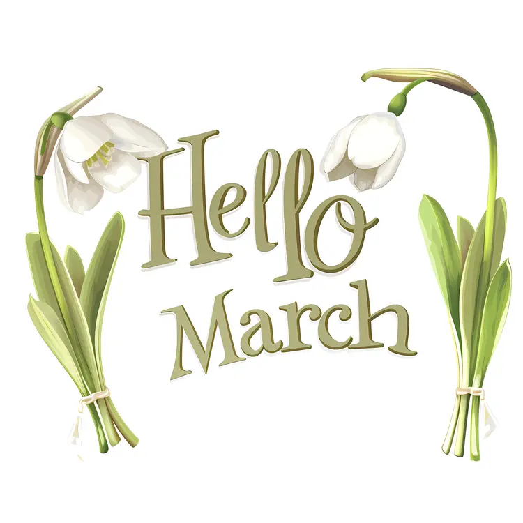Hello March with White Flowers Illustration