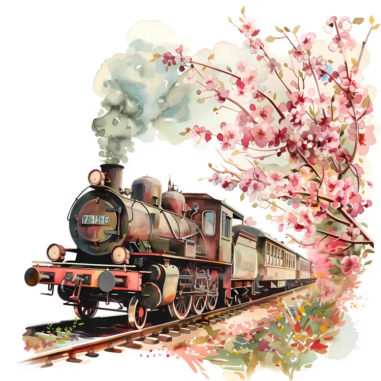 Steam Train with Cherry Blossoms