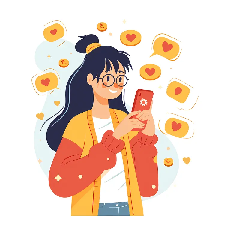 Girl Using Phone with Hearts