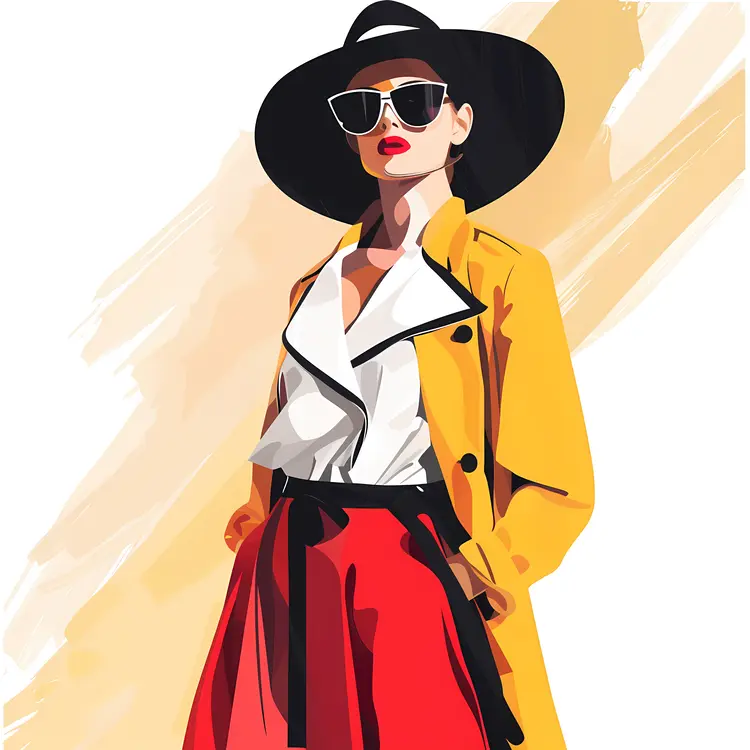 Stylish Woman in Yellow Coat and Red Skirt