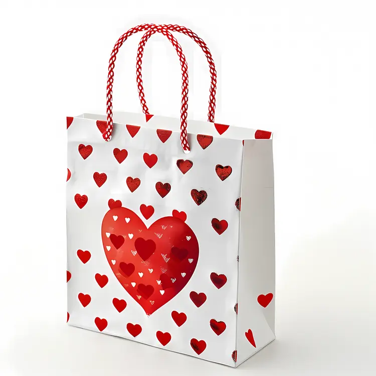 White Gift Bag with Heart Pattern for Valentine's Day