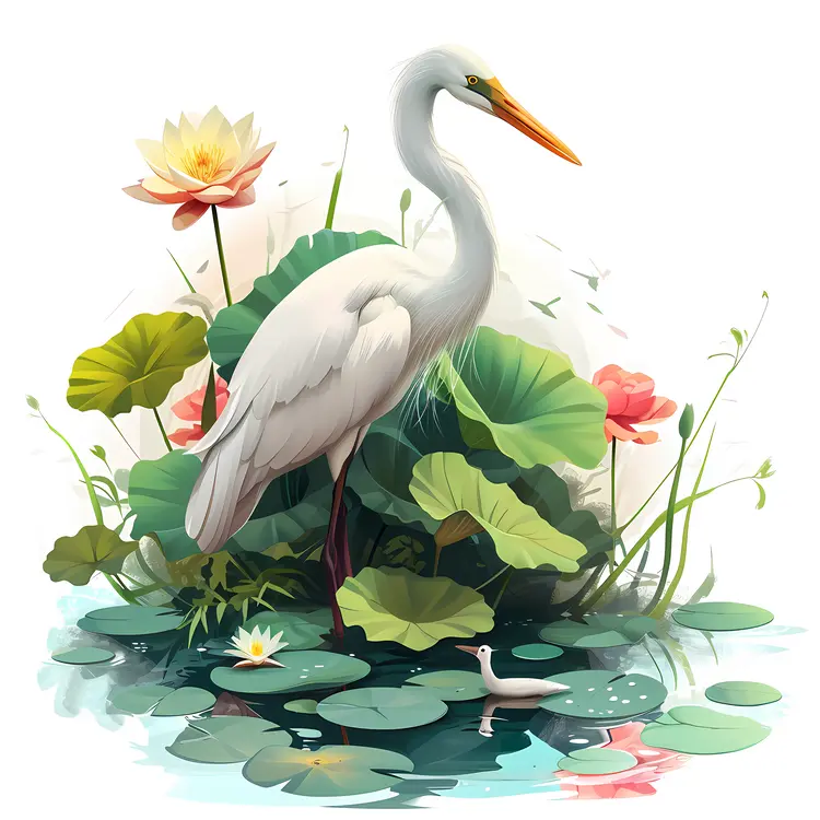 Elegant Egret in a Lotus Pond