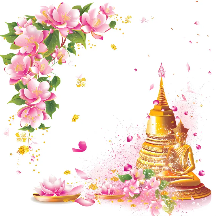 Golden Buddha Statue with Flowers