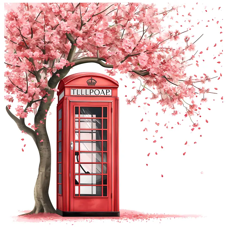 Red Phone Booth with Cherry Blossom Tree