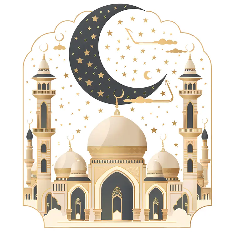 Beautiful Mosque with Crescent Moon and Stars
