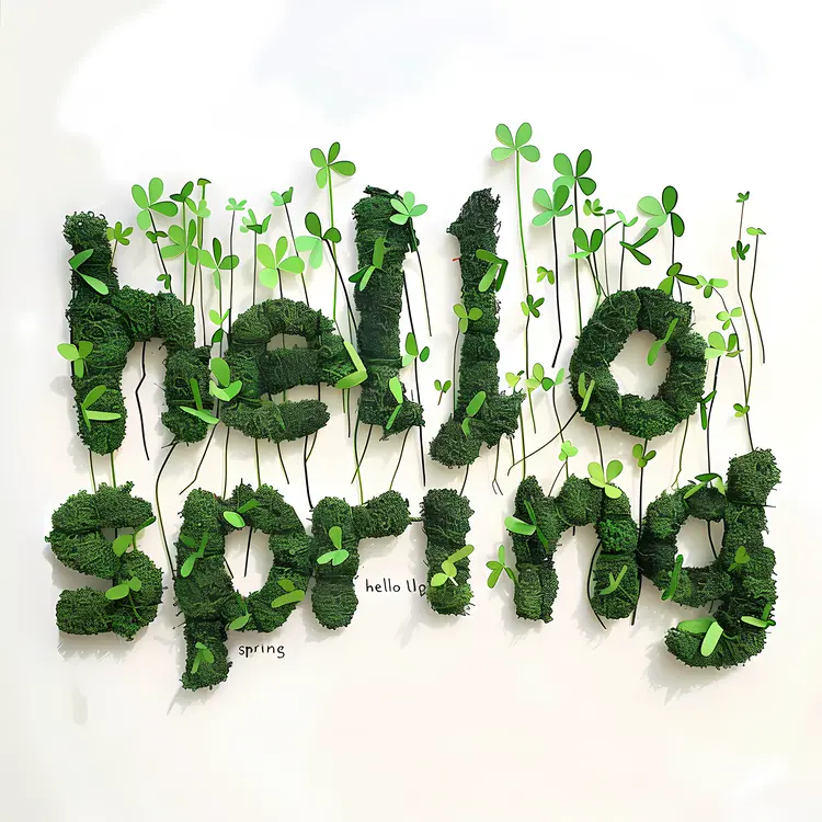 Hello Spring Text with Clovers and Moss
