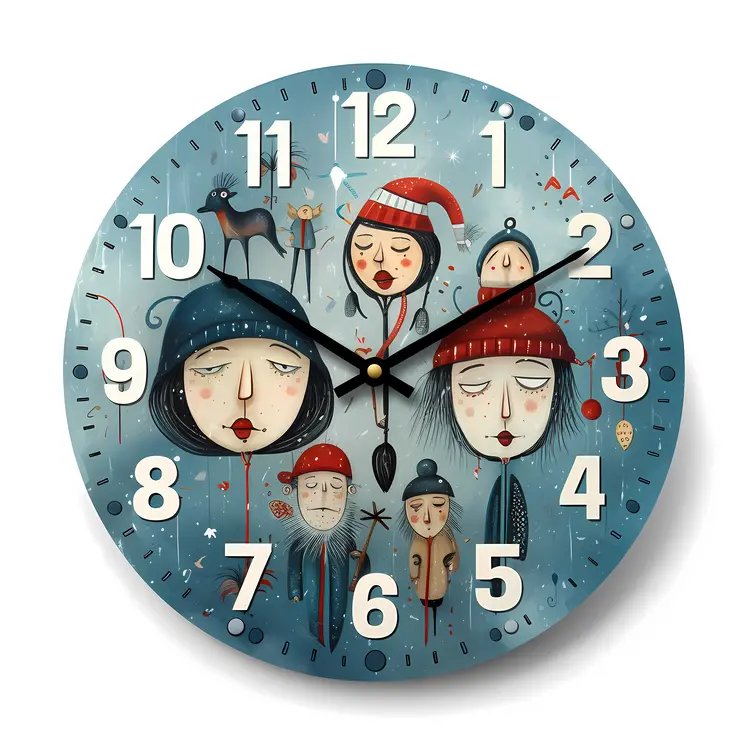 Cartoon Faces Clock with Winter Theme