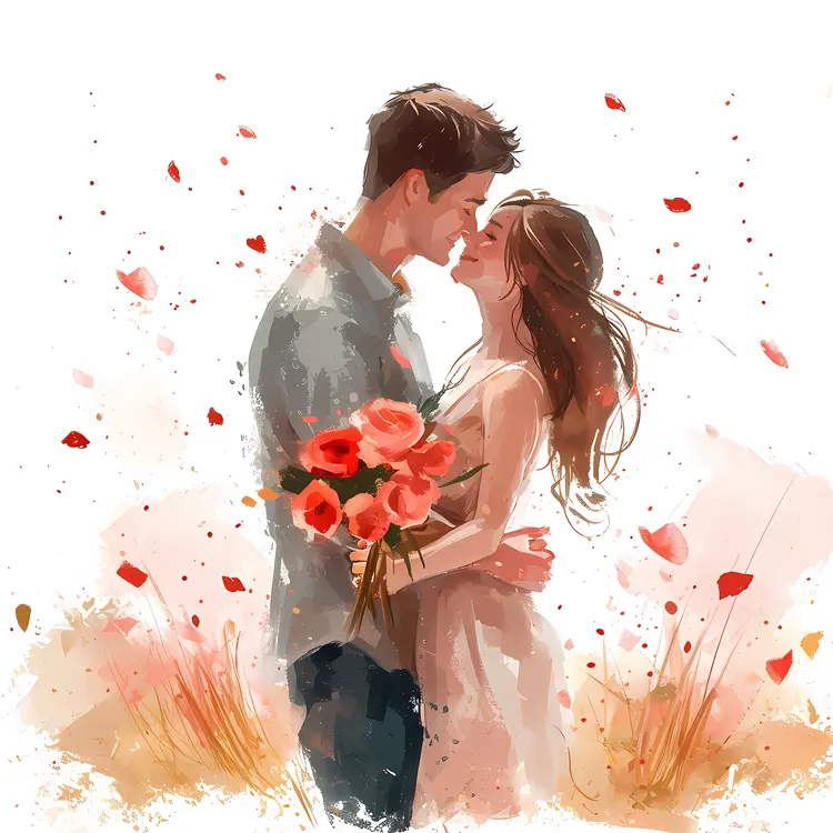 Couple Embracing with a Bouquet of Flowers