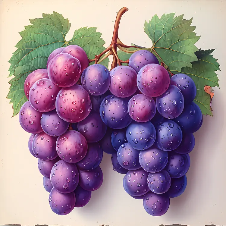 Juicy Purple Grapes with Leaves
