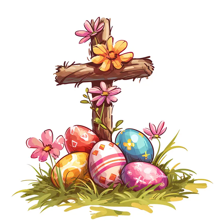 Wooden Cross with Easter Eggs and Flowers