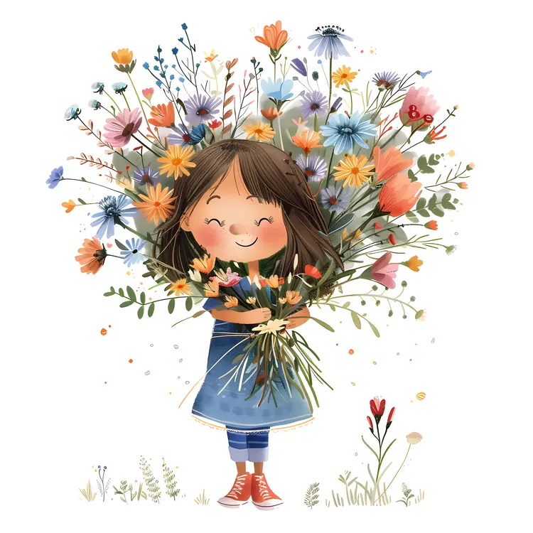 Cute Girl Holding a Bouquet of Flowers