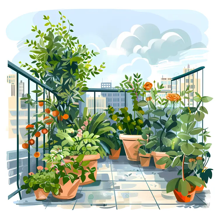 Urban Rooftop Garden with Potted Plants