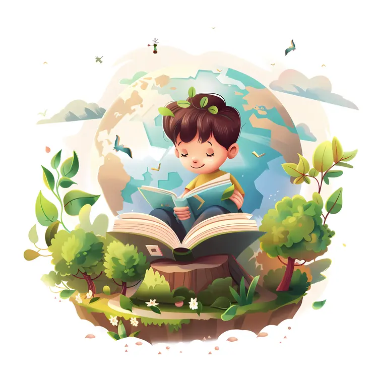 Boy Reading Book in Nature with Earth Background