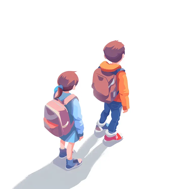 Two Children with Backpacks Walking