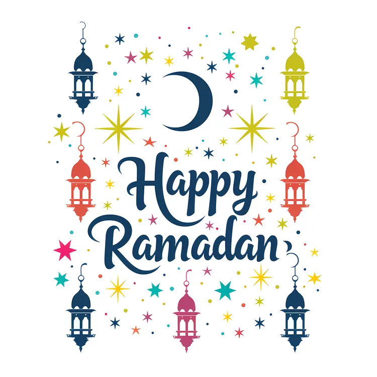 Colorful Lanterns and Stars with Happy Ramadan Text