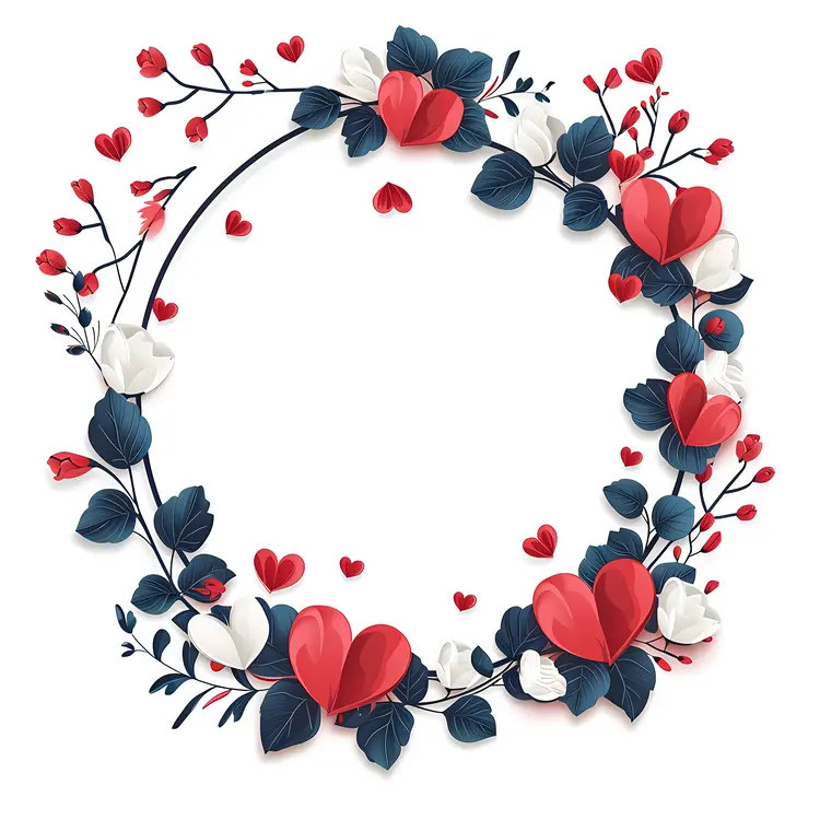 Circular Floral Frame with Red Hearts