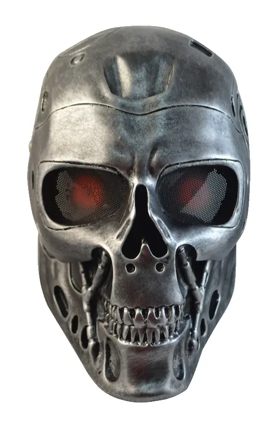 Metallic Robot Skull with Red Eyes