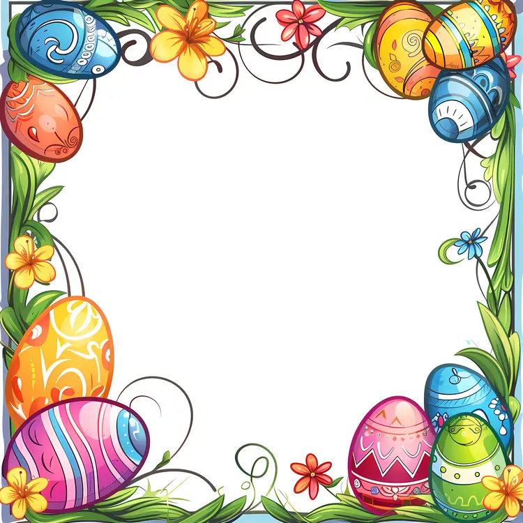 Colorful Patterned Easter Eggs with Spring Flowers