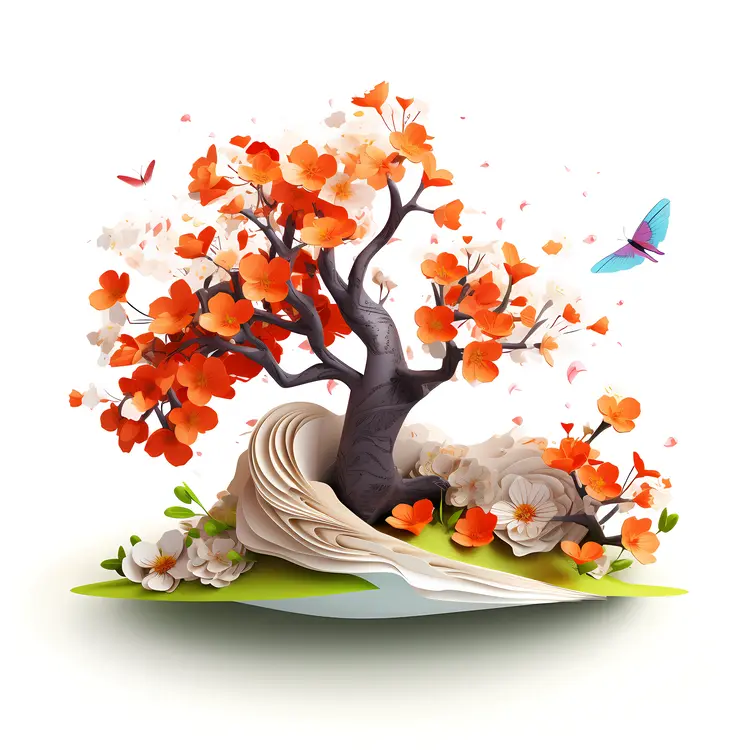 Colorful Tree with Flowers and Butterflies