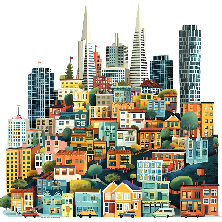 Colorful Cityscape Illustration with Various Buildings
