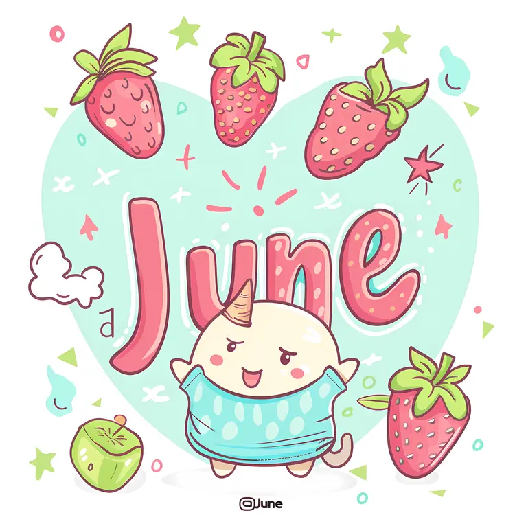 June Text with Strawberries and Cute Character