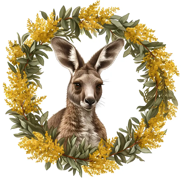 Realistic Kangaroo in Floral Wreath