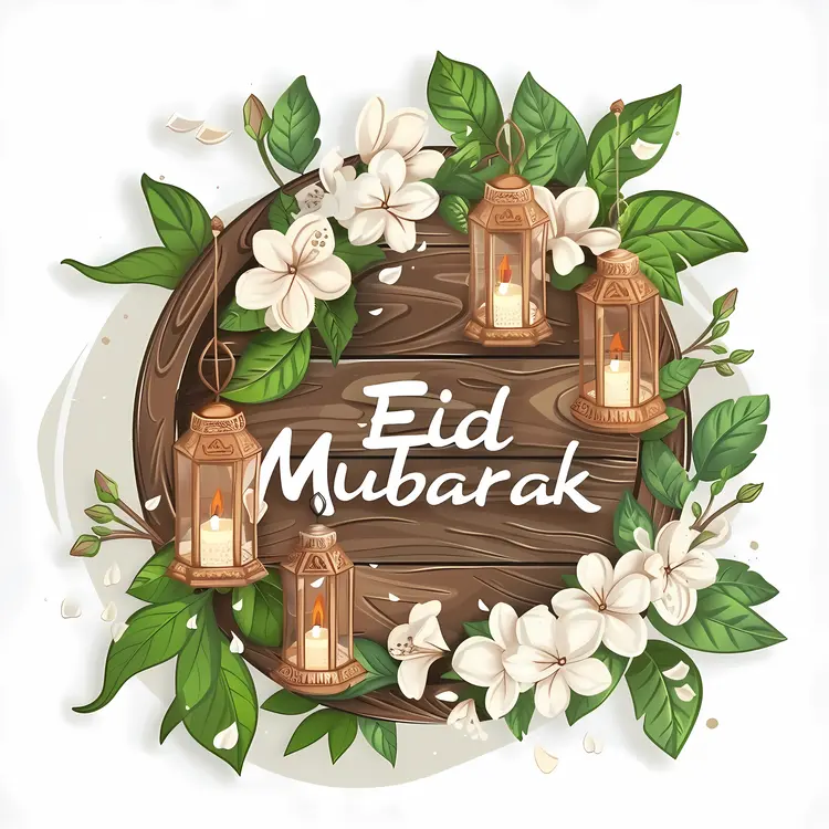 Eid Mubarak Sign with Flowers and Lanterns