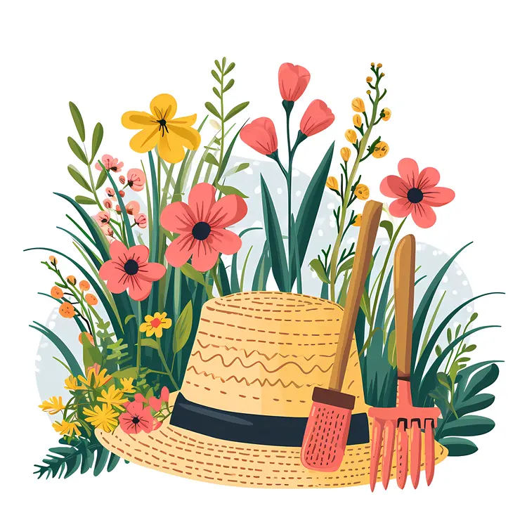 Gardening Tools and Flowers in Spring