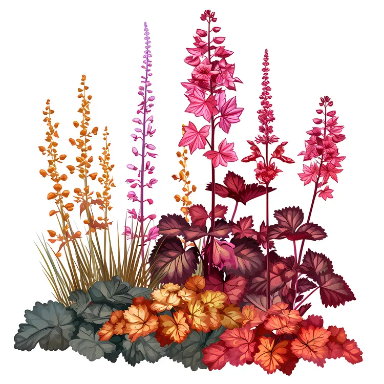 Heuchera Plant with Flowers and Colorful Leaves