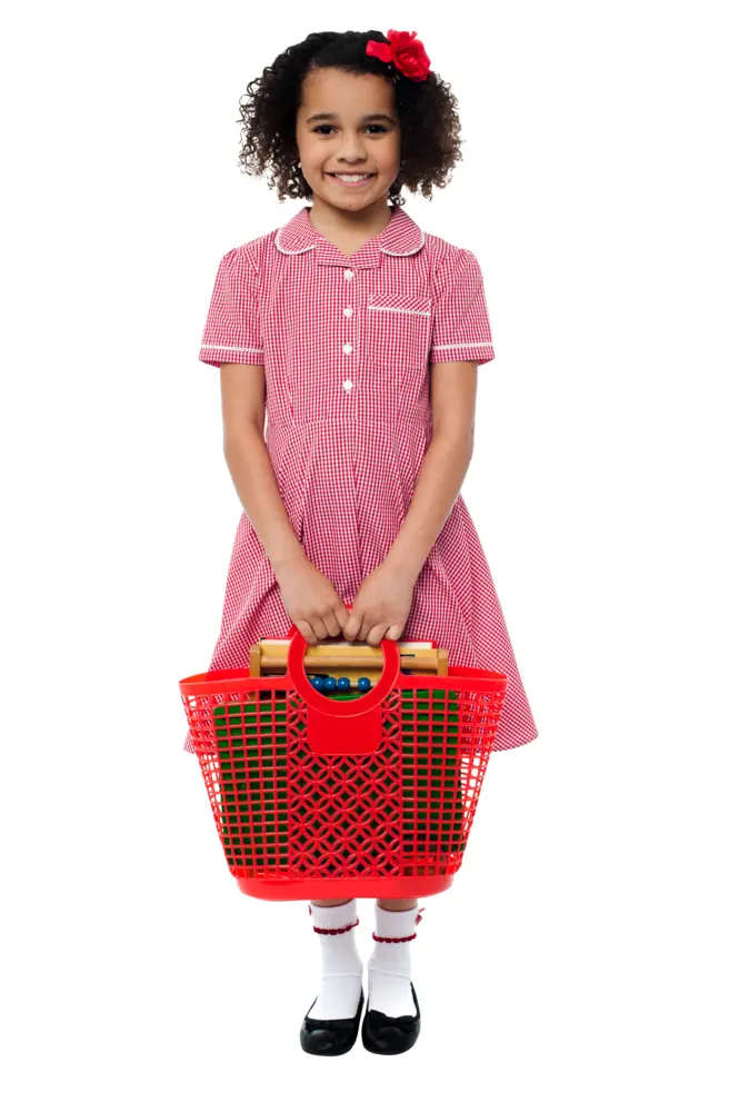 Smiling Girl in Red Dress Holding a Basket