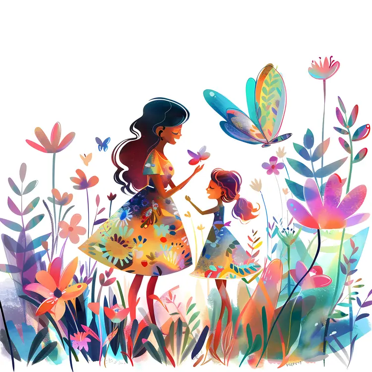 Mother and Child in Colorful Floral Field Illustration