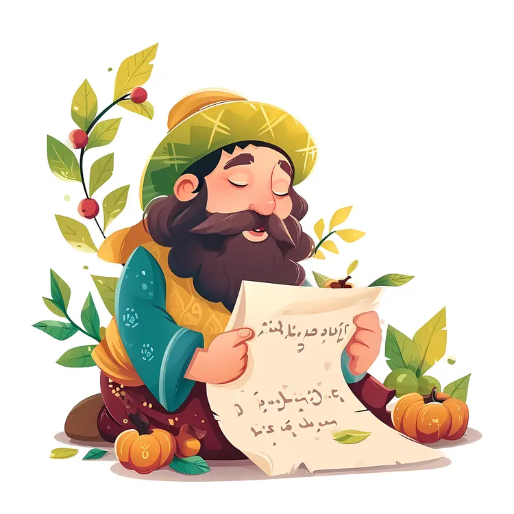 Cartoon Man Reading Scroll with Plants