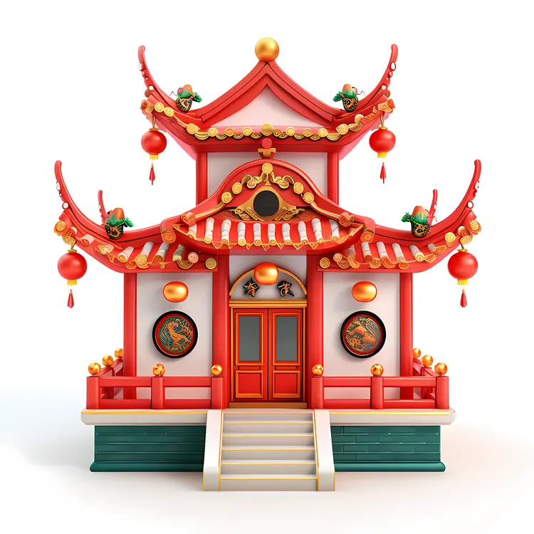 Chinese Temple with Red Lanterns
