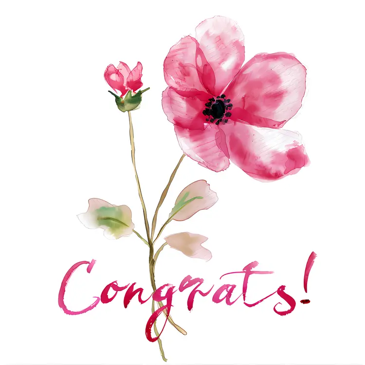 Watercolor Pink Flower with Congrats Text