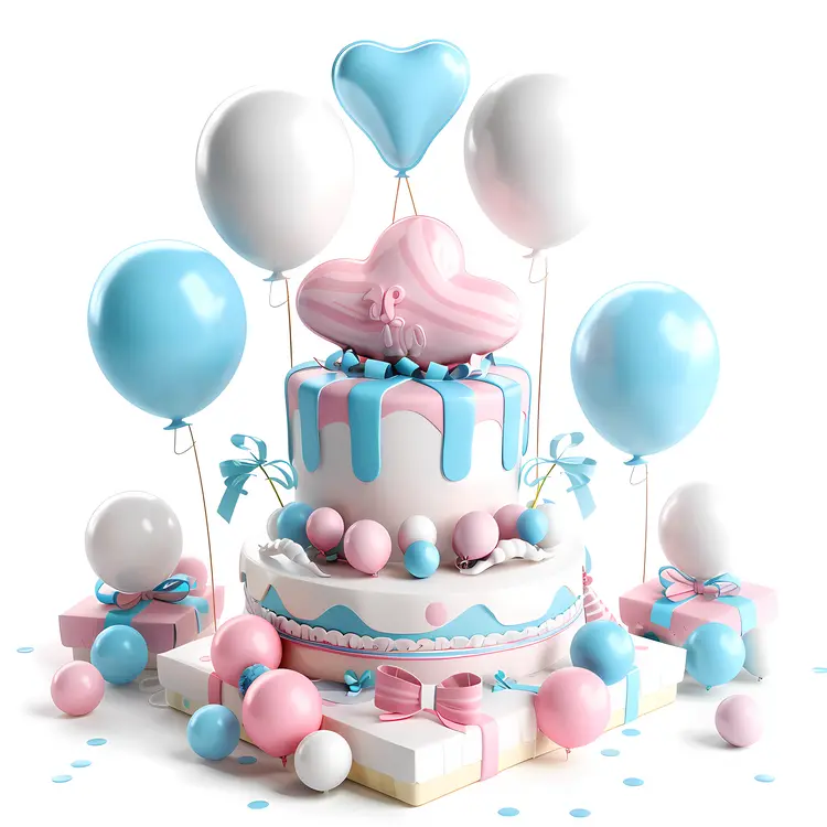 Colorful Cake with Balloons and Presents