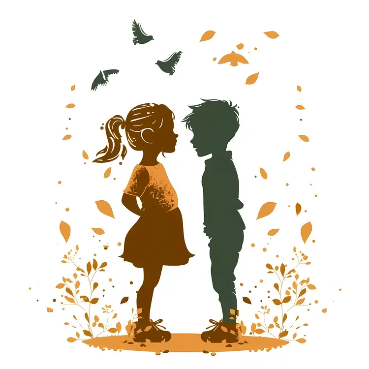 Children Silhouettes with Nature and Birds