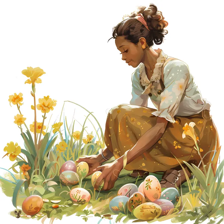 Girl Collecting Easter Eggs in Spring Illustration