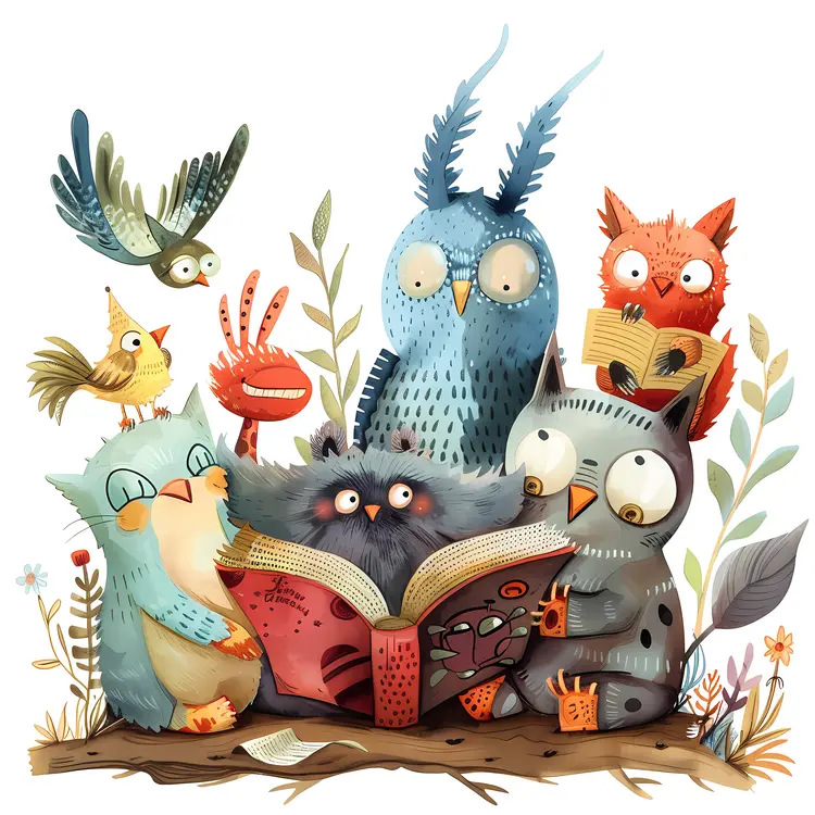Owls Reading in the Forest