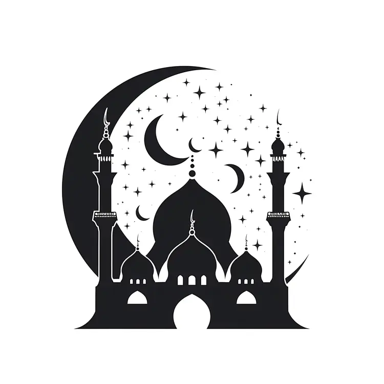 Black Mosque with Minarets and Crescent Moon