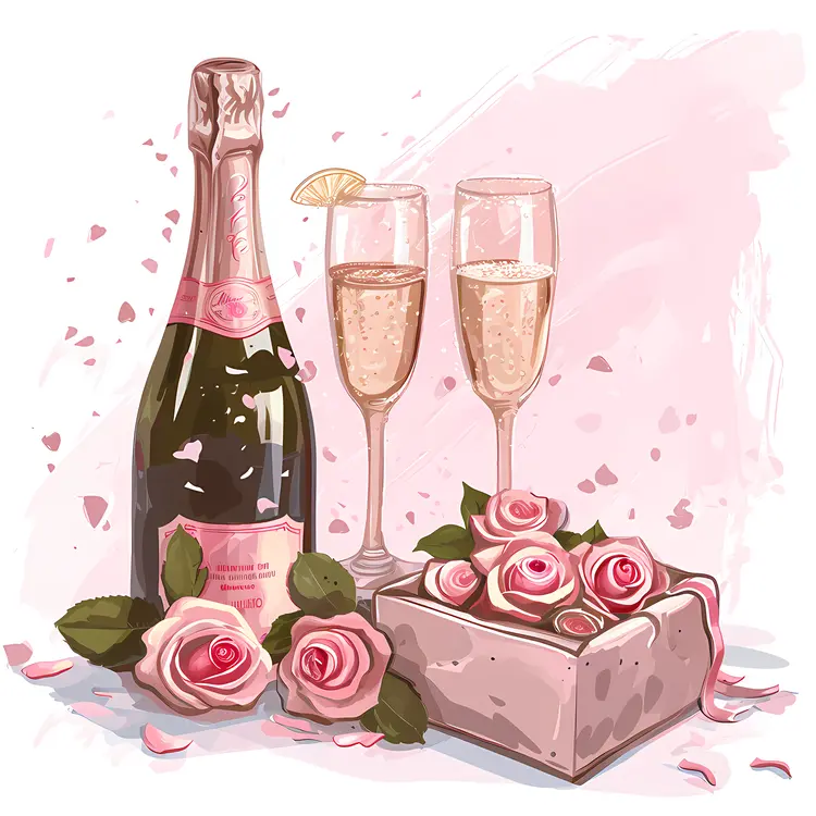 Champagne Bottle with Roses and Gift Box