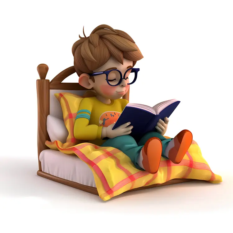 Boy Reading a Book in Bed