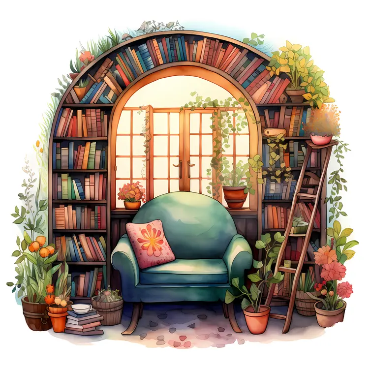 Green Armchair with Bookshelf and Flowers