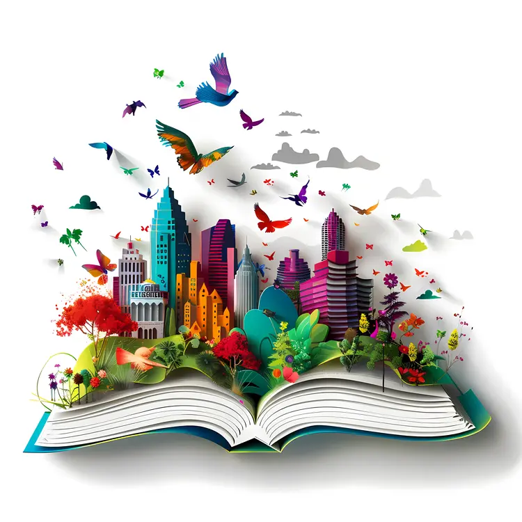 Open Book with Colorful City and Birds Illustration