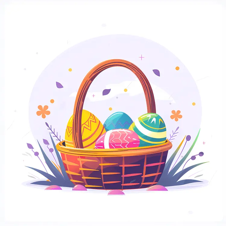 Basket of Colorful Easter Eggs with Flowers
