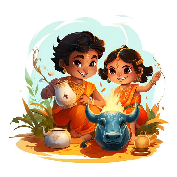 Children Playing with Decorated Cow
